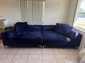 Navy Blue Velvet Sectional Sofa with Pillows