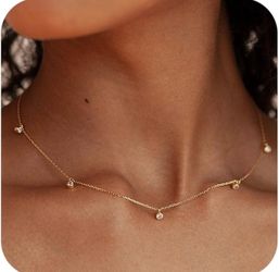 Gold Necklace for Women, 14k Gold Plated Diamond Station Necklace for Women,Dainty Gold Choker Necklace Minimalist Simple Gold Jewelry