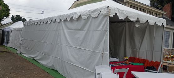 White tent 10x30, tables, chairs, tablecloths, decorations, lights, candlesticks, artificial grass and more