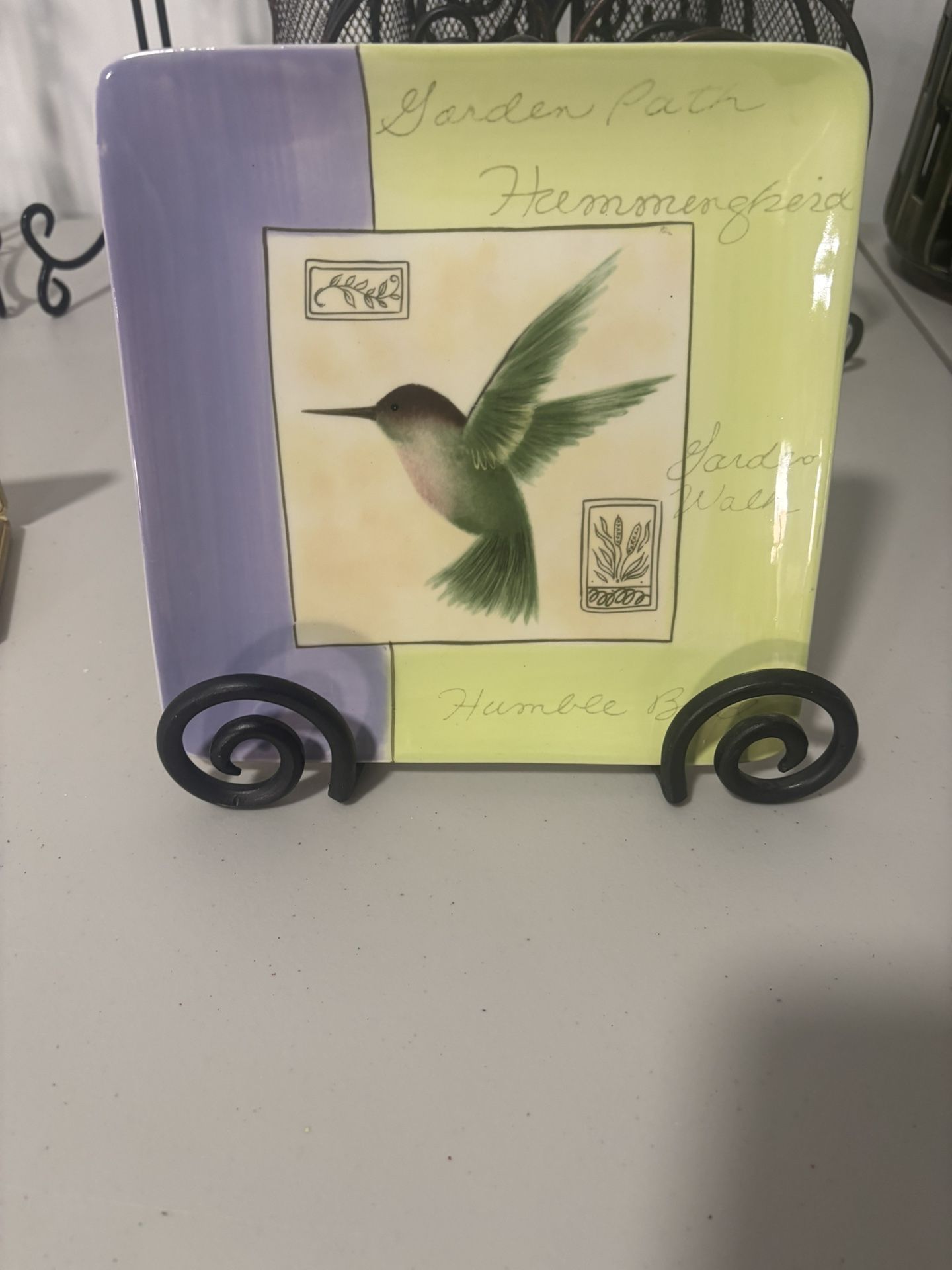 square ceramic plate from the "Garden Path Hummingbird" collection.