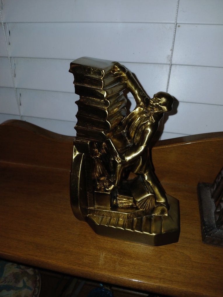PM Cratsman Solid Brass Bookend Library Struggle 1970s