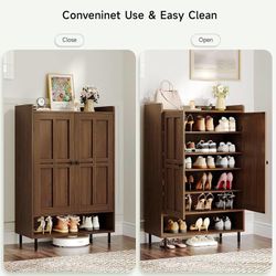 Shoe Cabinet with Cross Molding Doors, 6-Tier Shoe Storage(Walnut) 18-24 Pairs Shoe Storage Cabinet with 3 Adjustable Shelves & Metal Legs, 45 Inch Ta