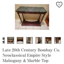 Late 20th Century Bombay Co. Neoclassical Empire Style Mahogany & Marble Top Console Table