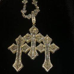18 k Gold Plated Triple Cross Pendant & 10 mm Cross Chain 