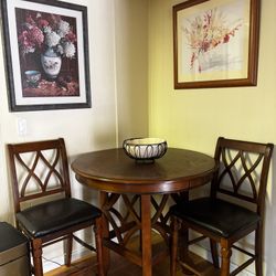 Oak Wood Round Table With Two Bar Chairs 