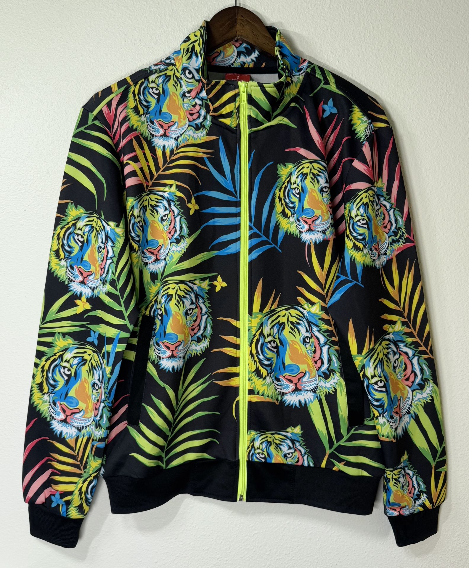 Victorious Jacket Mens Small Black AOP Neon Floral Tigers Full Zip Track Pockets