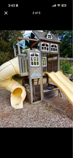 large wooden backyard playset/swing set