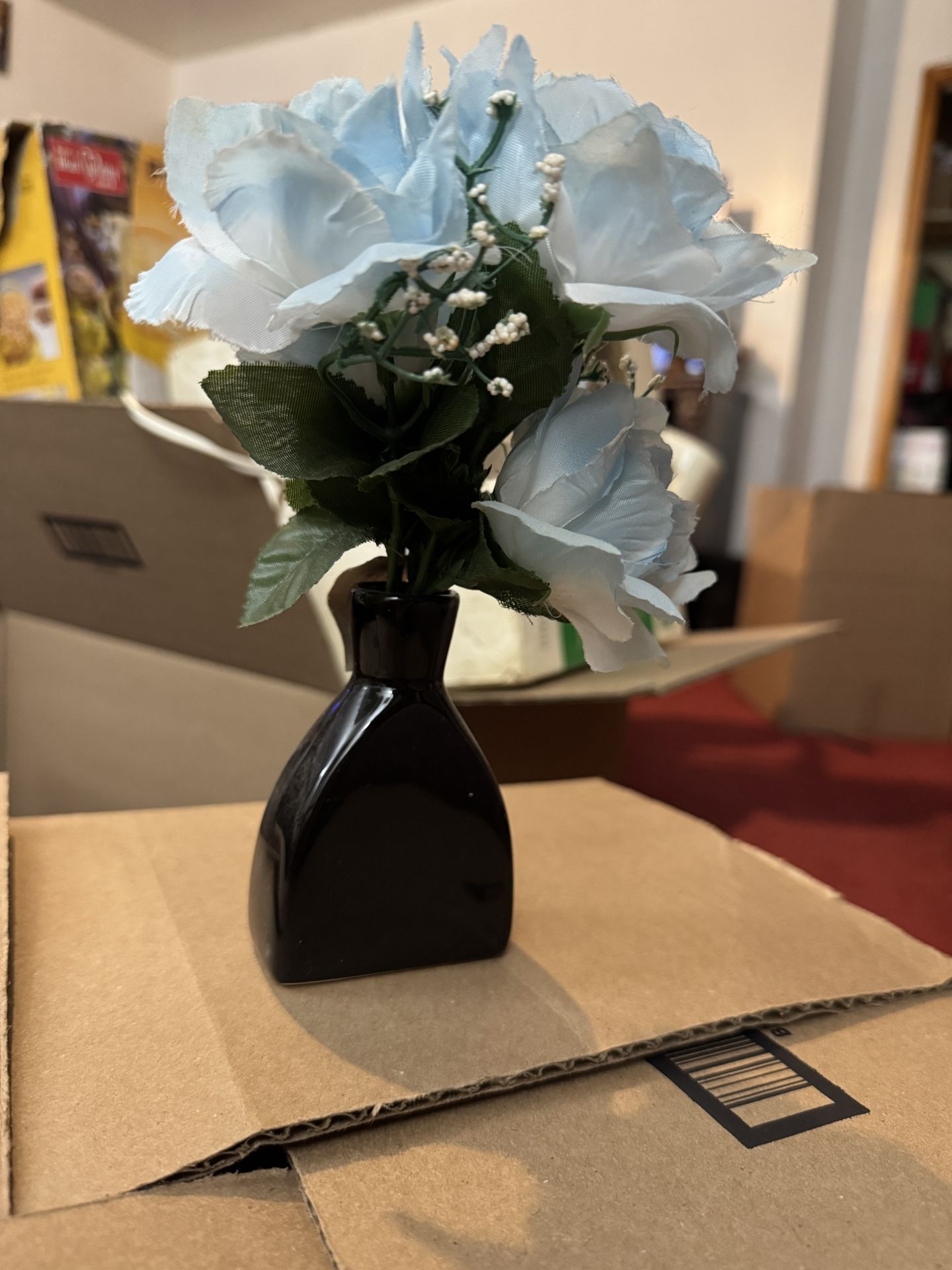 Elegant Blue Faux Flower Arrangement in Black Ceramic Vase
