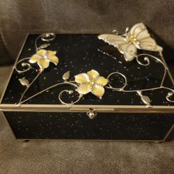 Vintage Flower Butterfly Jewelry Box Metal Glass Resin Indricate Design Decor