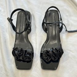 Black satin Rose Sandals