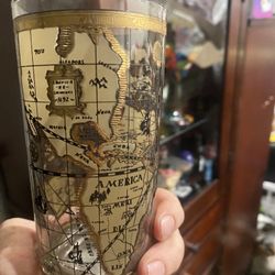 Vintage Cera Old World Map 22kt Gold Highball Barware Glasses Cocktails Set Of 4