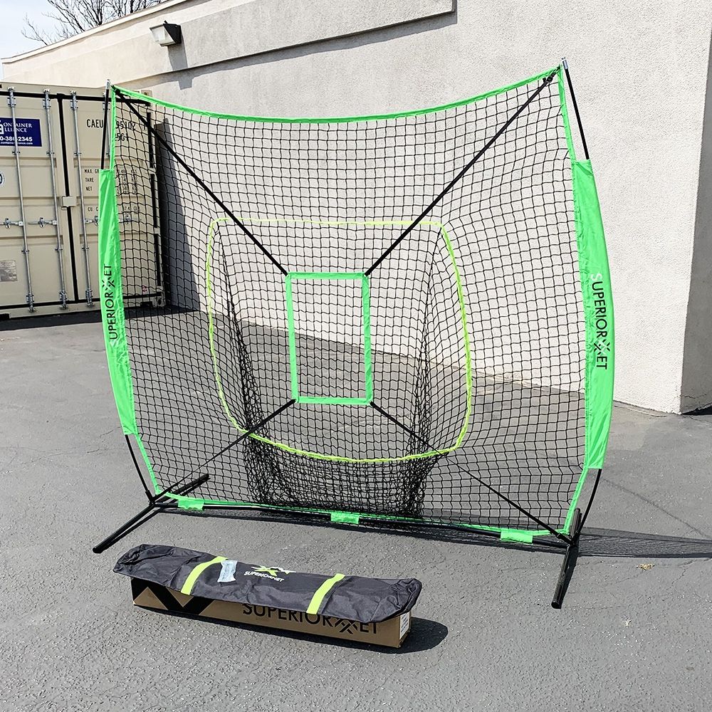 (NEW) $50 Baseball and Softball Practice Net Hitting and Pitching 7’x7’ with Bow Frame 