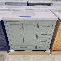 Brand New Beautiful Bathroom Vanity “36” single sink, Soft Close Solid Wood in Sage Green Color, 5 drawers and 2 doors and modern handles  $579