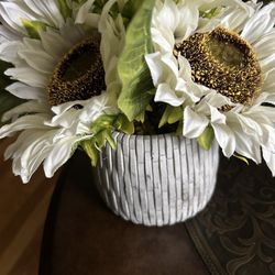 White artificial sunflowers in vase. Read description