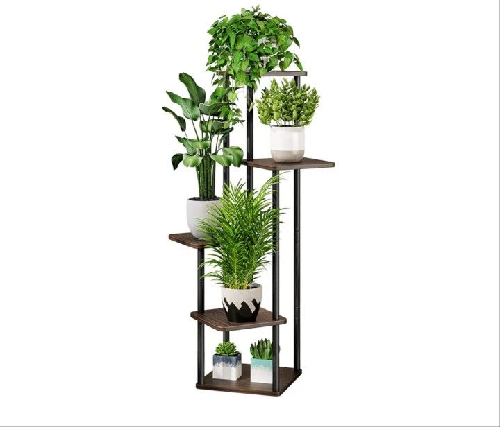 Plant Stand 5 Tier Indoor Metal Flower Shelf for Multiple Plants Corner Tall Flower Holders for Patio Garden Living Room Balcony Bedroom, Black Oak (5