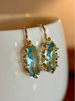 New Gold Tone Elegant Elongated Oval blue CZ Dangling Hoop hypoallergenic Earrings