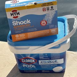 Bundle Deal 25 Pound Clorox Xtra BLUE Chlorine 3 Inch Tablets Plus 6 Pack HTH Advanced Clarifying  Shock