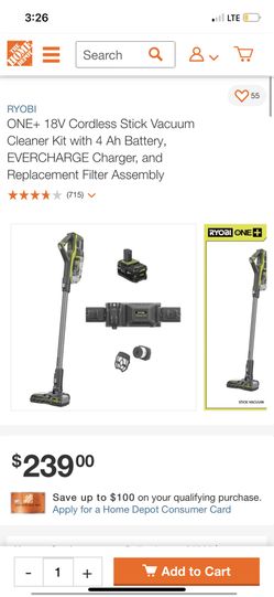 RYOBI ONE+ 18V Cordless Stick Vacuum Cleaner Kit with 4 Ah Battery, EVERCHARGE Charger, and Replacement Filter Assembly