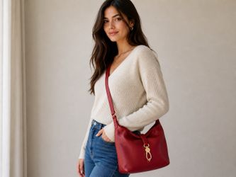 shoulder bag in a rich red color.