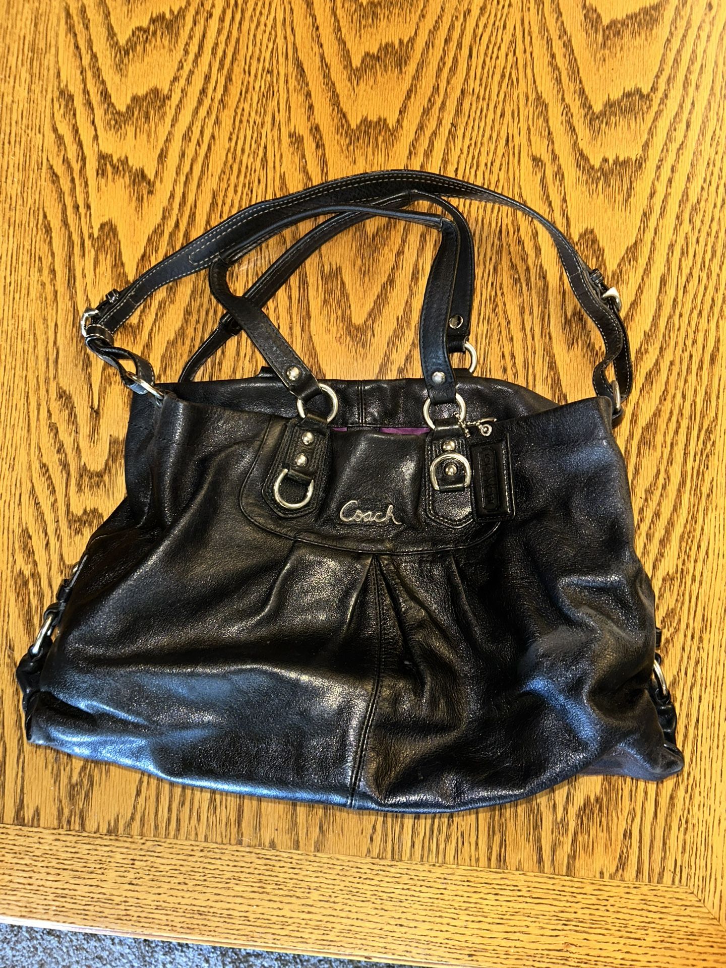 Vintage Black Coach Ashley Hobo Bag With Purple Pockets