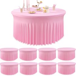 Outpain 8 Pack Spandex Pink Round Tablecloths for 60in Tables, 120Inch Stretchy Fitted 5FT Round Table Clothes,Wrinkle Free Table Cover with Skirt for