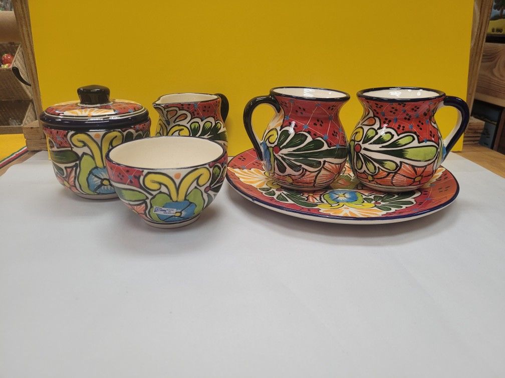 🎄 Talavera 6 Piece Gift Set 🎁 Large Plate/2 Mugs/ Sugar And Creamer/ Tiny 🥣 🎄☃️🎄