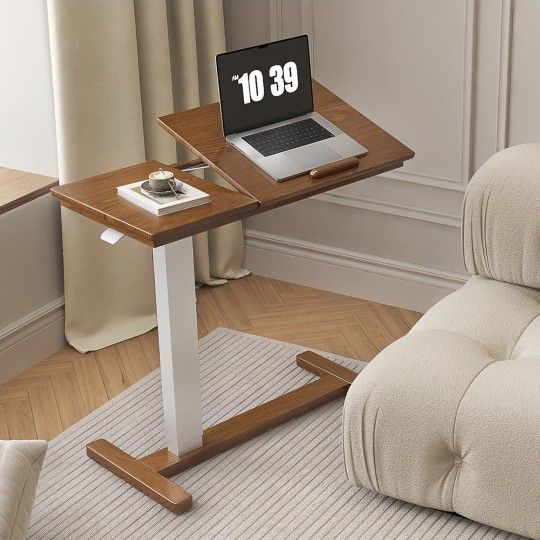 Adjustable Solid Wood End Table with Storage, Narrow Side Table with Drawer and Shelf, Slim Bedside Table