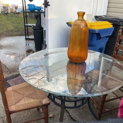 A Beautiful Round, Glass Table, With 2 Great Antique Chairs ($50) For The Set ($15) For The Antique, Big, Long Vase