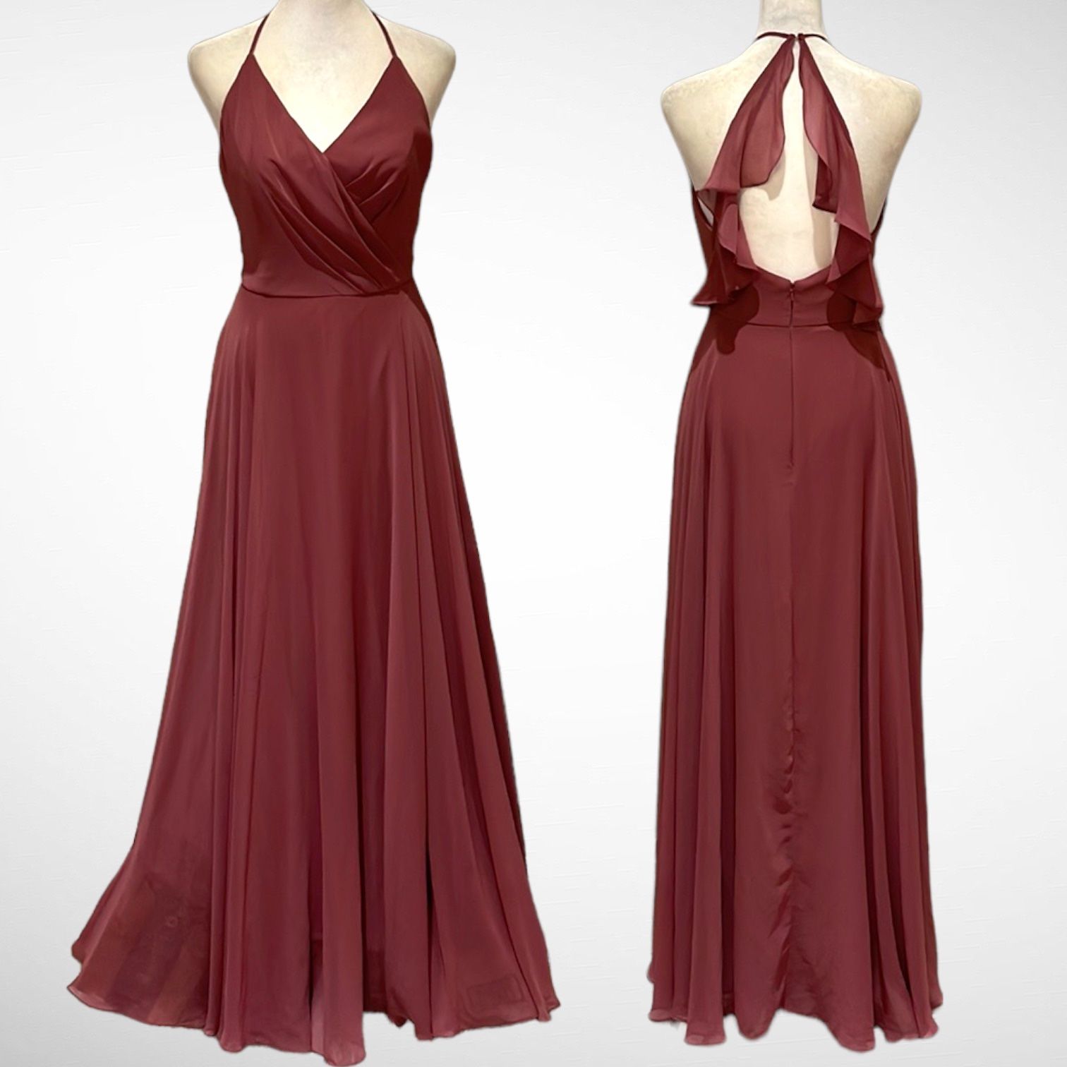 Dessy Collection English Rose Criss Cross Ruffled Strap Halter Dress in size 6.