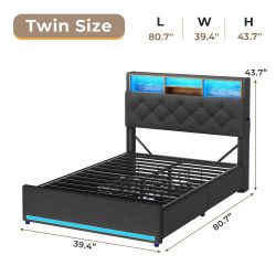 Twin size led bed frame with bottom drawers