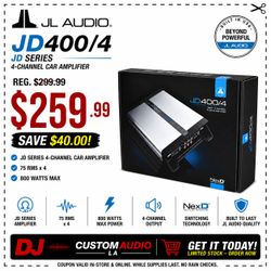 JL Audio JD Series 4-Channel Speaker System Amplifier 800 Watts Max JD400/4 🚨 Payment Options Available 🚨 No Credit Needed 🚨