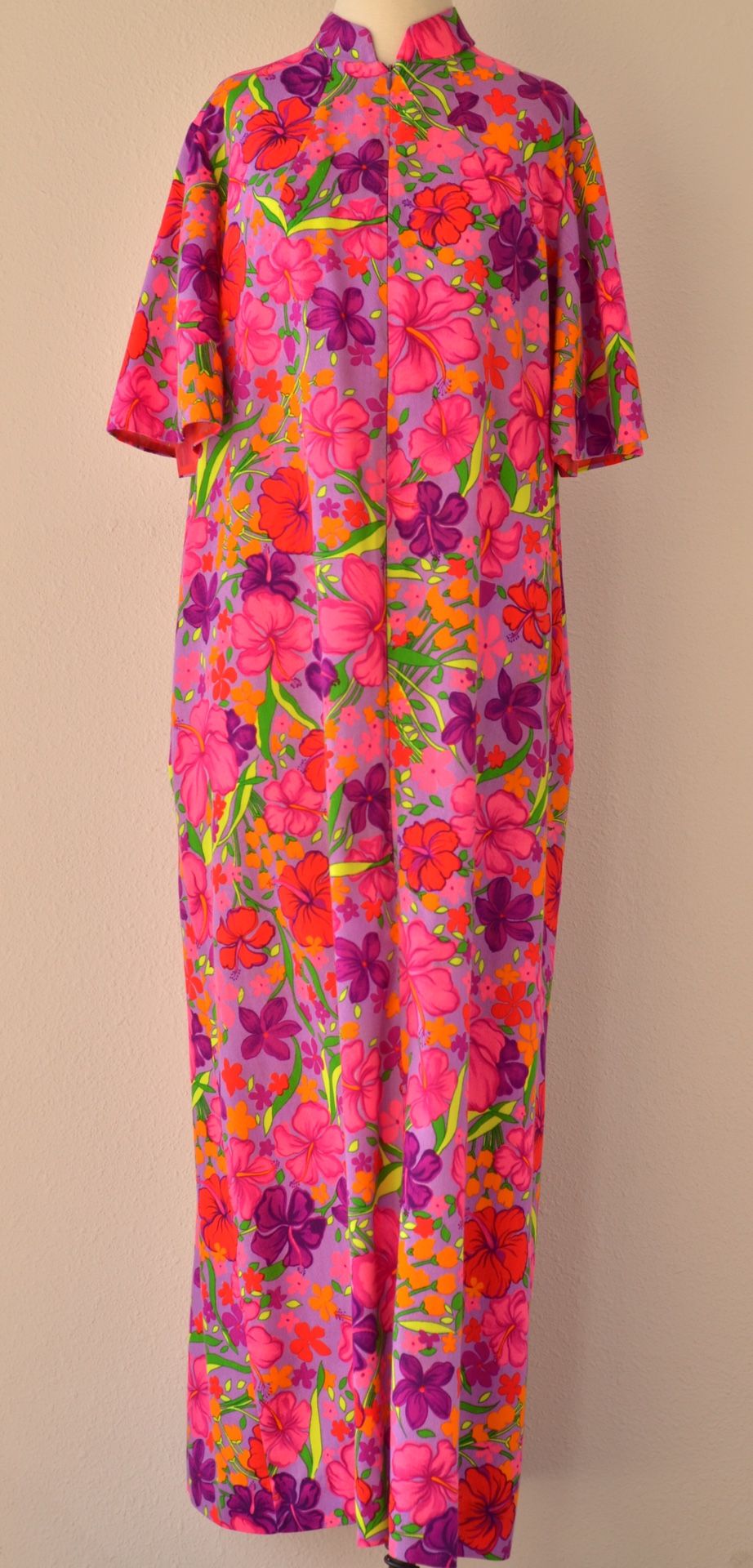 60s HAWAIIAN Muumuu Maxi Dress by Ter-Shé Hot Pink Neon Psychedelic Tropical Hibiscus Cotton Baby Doll Luau Tiki Beach Day Dress Nightgown