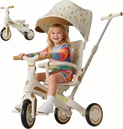 Tricycle, 6 in 1 Baby's Toddler Trike with Adjustable Handle (Beige)
Reversible Seat and Canopy, Baby Stroller for 1-6 Year Olds, All-Terrain Wheels, 