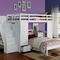White Finish Loft Bed & Bookshelf Ladder Twin Size Bed Staircase Chest Desk / Litera Escritorio Cama
