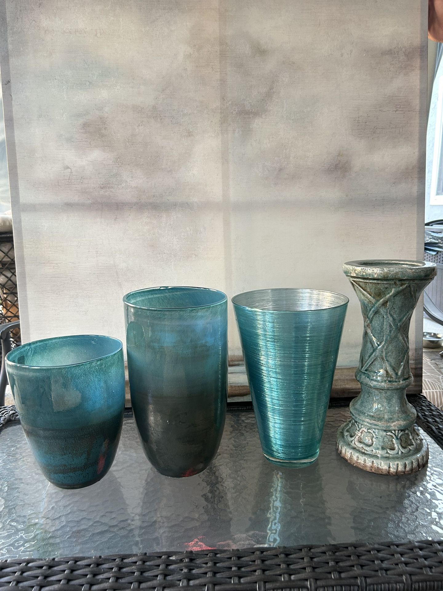 3 Teal Vases, Candleholder And Canvas Art