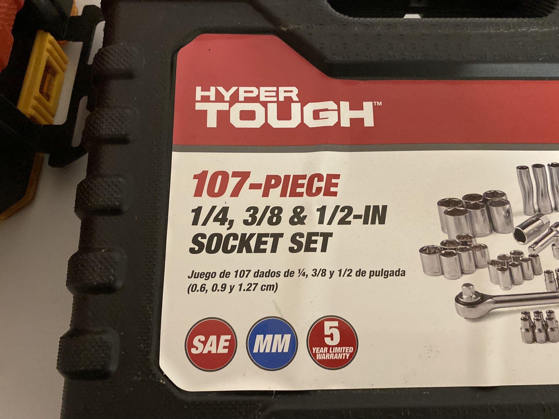 Used Hyper Tough (Walmart Brand) 107 Piece (missing one Piece) 1/4”, 3/8”, 1/2” Socket Set. PRICE NEGOTIABLE. MUST SELL.