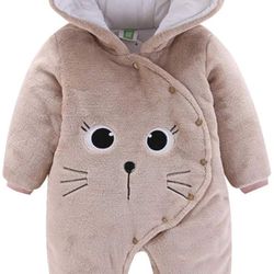 Newborn Baby Winter Hooded Romper Fleece Snowsuit Jumpsuit Cartoon Cat Outfits 0-12 Months(new)