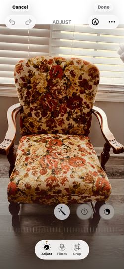Vintage 1970s Armchair Floral Tapestry with Carved Wood Details.