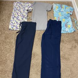 ALL 5pc Bundle Women’s Large Colorful Scrub Tops and Navy Pants Set