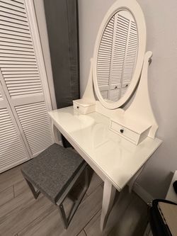 White Vanity Table with Oval Mirror and Stool
