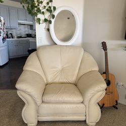 Ivory Leather Accent Chair + Oval Wall Mirror – Beautiful Set