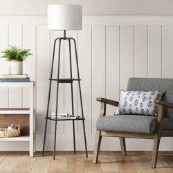 Floor Lamp Etagere USB Port Shelves In Black Metal Wood