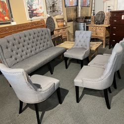 Dining Chairs & Bench: Set Of 4 Grey Upholstered Dining Chairs & Dining Bench as-is (several stains on seat cushions) SKU A9UWGJ