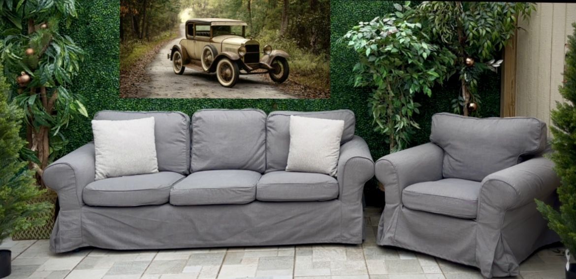 (Free Delivery 🚚) Dark Gray Ikea Ektorp Couch and Chair Set 