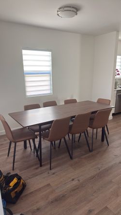 8 Person Modern Oak Kitchen Dining Set, 63” to 78.7” Extendable Table and Upholstered Dining Chairs