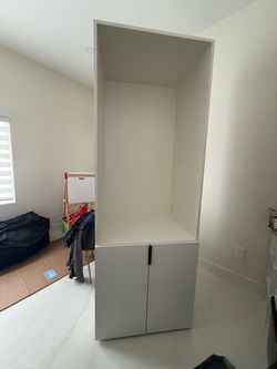 Tall White Storage Cabinet with Open Shelving