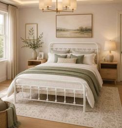 Queen Size Metal Bed Frame with Headboard, White Victorian Style Bed Frame with Footboard, Under Bed Storage, No Box Spring Needed, Easy to Assemble (