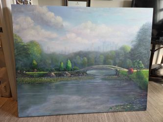 Original Oil Painting Central Park Bridge Landscape