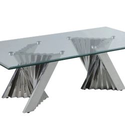 ART DECO VIBE STAINLESS STEEL GLASS TOP COFFEE TABLE