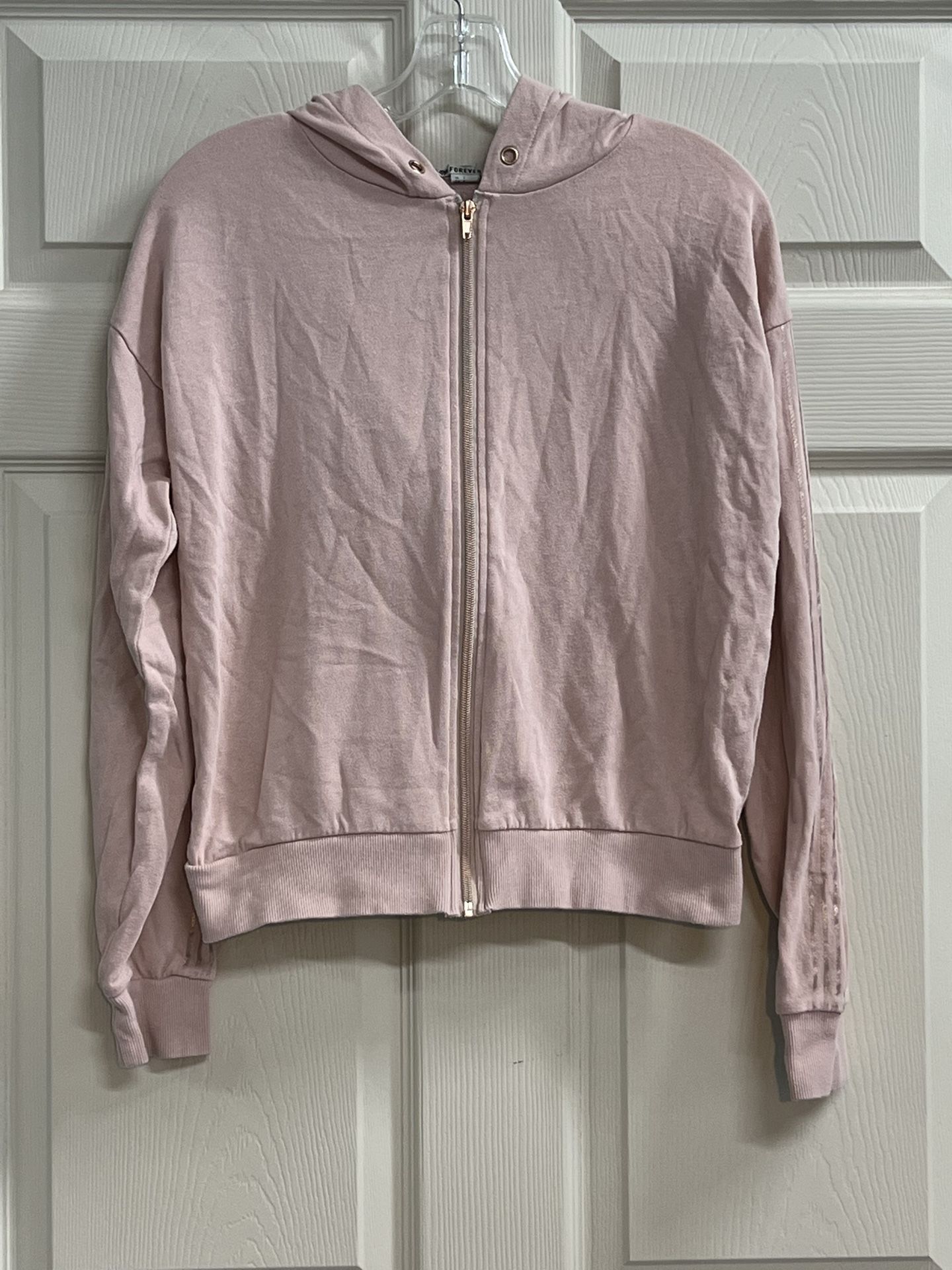 Forever 21 Pink Full Zip Hoodie with Striped Sleeves - Size Small - VGUC